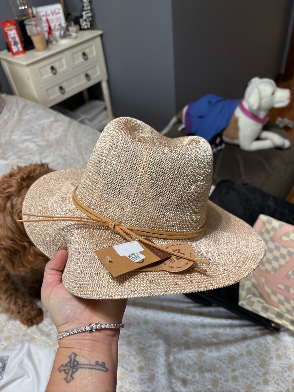 Straw Fedora Hat with Tan Leather Band